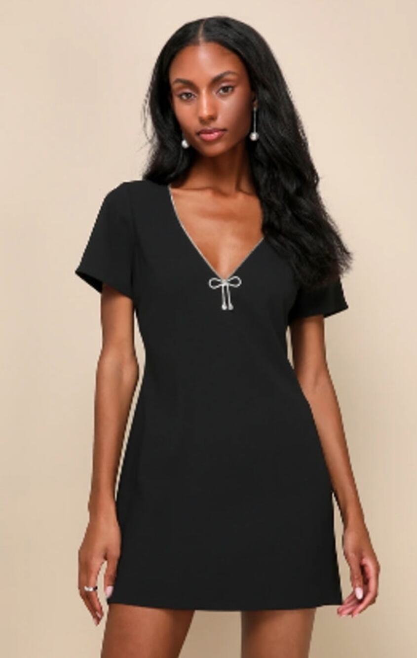 Lulus Charming Sparkle Black Rhinestone Bow Short Sleeve Mini Dress Size XS